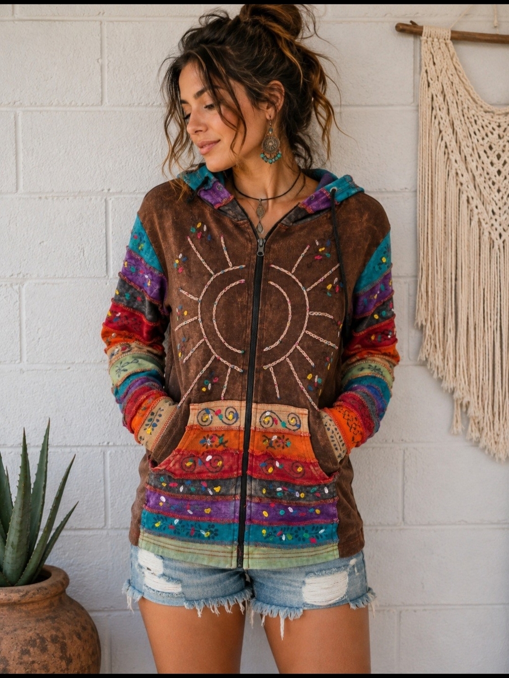 Rising International Brown Multi Boho Zip Hoodie